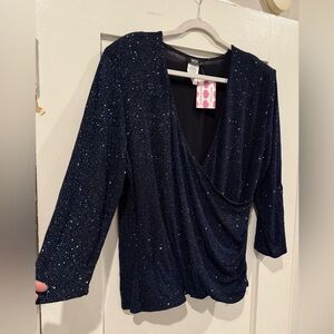 MSK Women's Navy Blue Sparkle faux wrap Top 2X